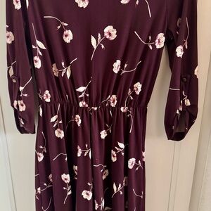 French Grey Burgundy Floral Midi Dress Size Medium